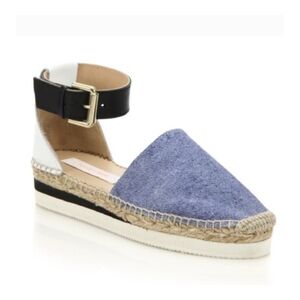 See by Chloé Leather and Denim Platform Espadrilles- Light Denim